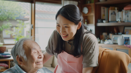 Obraz premium リビングルームで高齢者を楽しげに手助けする日本の若い女性介護士