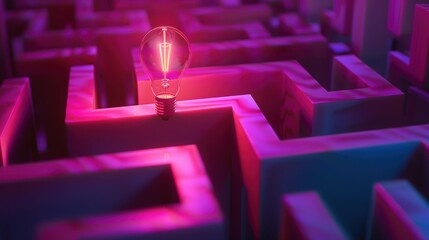 Shining light bulb stands out in a labyrinth, symbolizing creativity and problem-solving