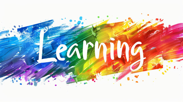 Vibrant brushstrokes creating a backdrop for the word learning in white paint