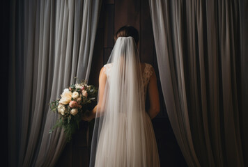 Bride in Her Wedding Dress with Veil Holding Bouquet Standing Against Brown Curtains in the Room