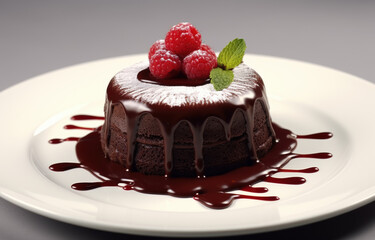 Chocolate Lava Cake with White Cream and a Raspberry on Top