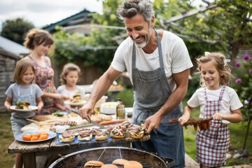 A smiling man grilling various meats and vegetables for his family while children eagerly await, showcasing a heartwarming scene of family bonding and outdoor enjoyment.