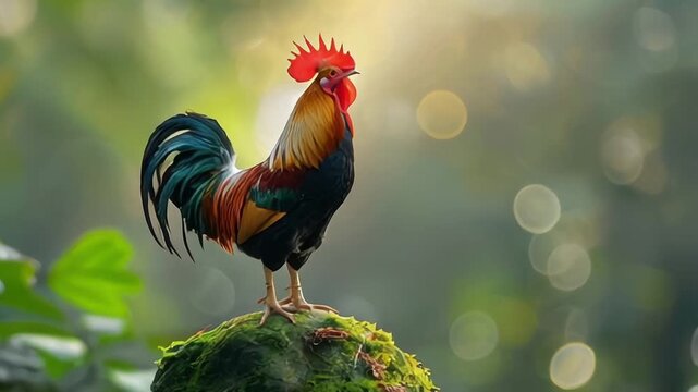 Majestic Thai Fighting Cock Crowing on a Rocky Perch at Sunrise The proud rooster stands tall