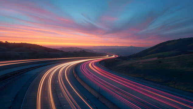 A long exposure photo of a sunset on an open road, capturing light trails of fast-moving cars in both directions. Ideal for themes on motion, travel, and dynamic landscapes.