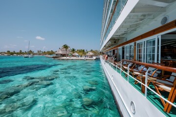 Obraz premium A side perspective of a luxurious cruise ship sailing through a crystal-clear tropical sea with vibrant blue hues and an island with thatched huts in the background.