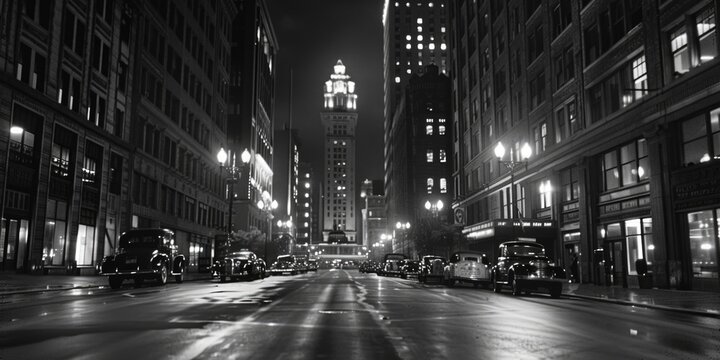 Fototapeta Black and white image of a city street at night, capturing the urban atmosphere