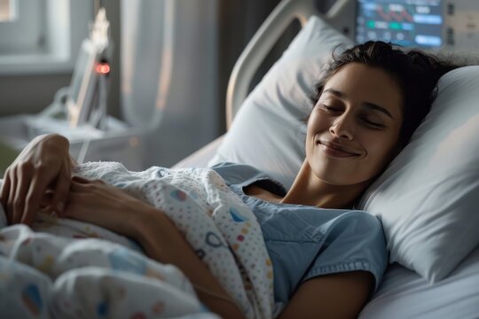 A woman rests contentedly in a hospital bed after receiving medical treatment, representing relief, recovery, and the care offered within the comforting environment of healthcare.