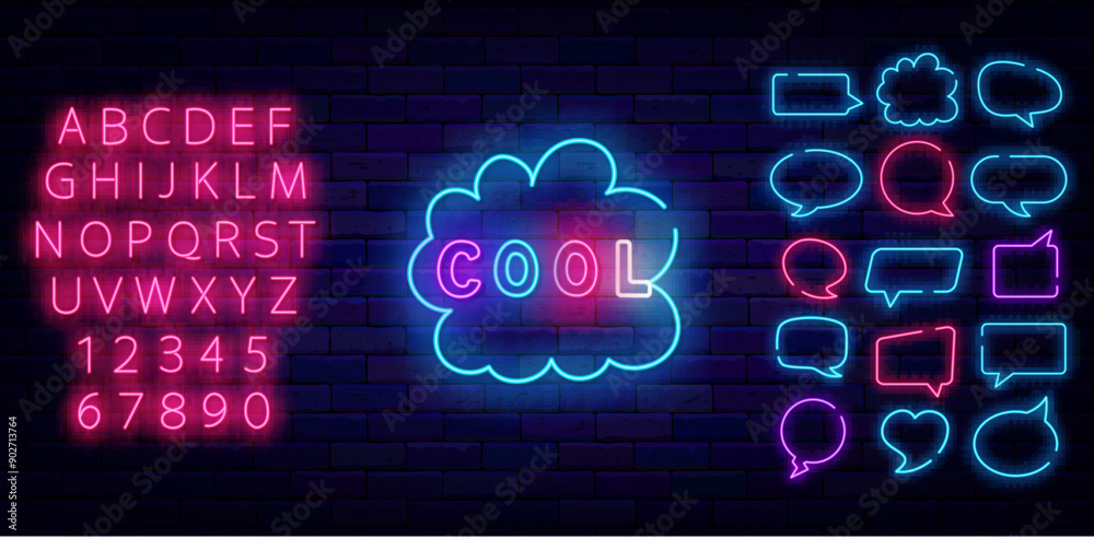 Fototapete пеcool neon banner. colorful handwritten text. happy vibes. speech bubbles frames set. shiny pink al