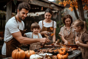 Fototapeta premium A family enjoys their time together, grilling food in their backyard, with autumnal decorations such as pumpkins around, on a serene fall afternoon filled with laughter.