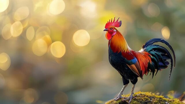 Majestic Thai Fighting Cock Crowing on a Rocky Perch at Sunrise The proud rooster stands tall