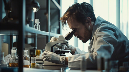 biologist examining samples under a microscope