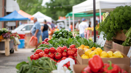 Show a bustling farmers market with fresh produce and local vendors