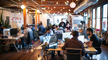 a bustling startup office with teams collaborating on projects