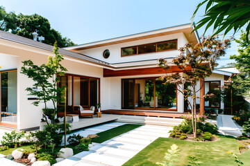 Fototapeta premium Maison individuelle moderne avec jardin