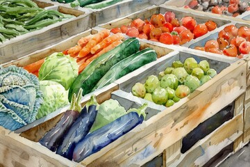 Organic Veggie Delight: Watercolor Vegetables in Hand-drawn Crate on White Background