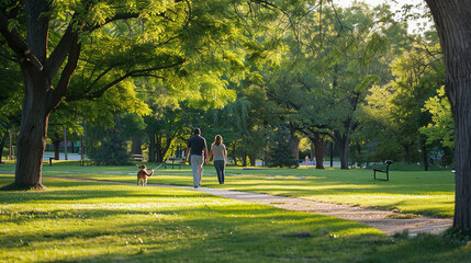 a couple walking their dog in a park