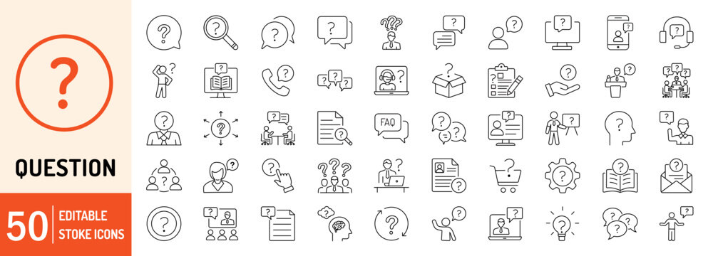 Question editable stroke outline web icons set. Question, marks, help, speech, chat, ask, help, idea, business and problem. Vector illustration
