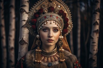 Fototapeta premium A beautiful girl in a traditional Russian national costume. Against the background of a birch grove. The portrait symbolizes the traditions and beauty of the Russian people.