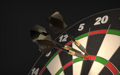 Close up view on a three darts in triple twenty sector of dartboard. 