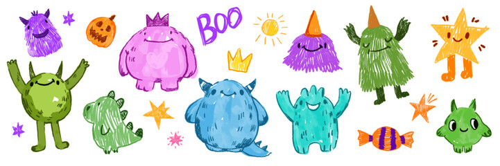 Halloween cute monster set, vector doodle hand drawn spooky kids creature, colorful pencil print. Cartoon holiday funny fluffy smiling alien, naive baby horror humor illustration. Cute monster sketch © Oleksandra