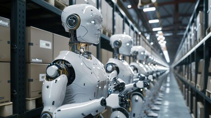 Fototapeta premium AI robots handling repetitive tasks in a warehouse