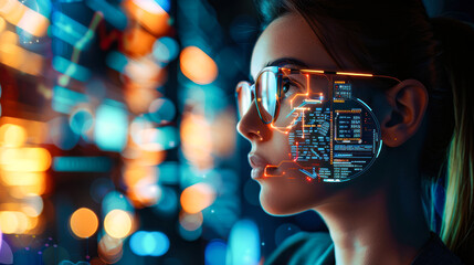 A woman in glasses examining digital interfaces with data overlaying her face. UX coding, big data analytics, artificial intelligence, technology, and innovation in high-tech environment. Close up