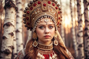 Obraz premium A beautiful girl in a traditional Russian national costume. Against the background of a birch grove. The portrait symbolizes the traditions and beauty of the Russian people.