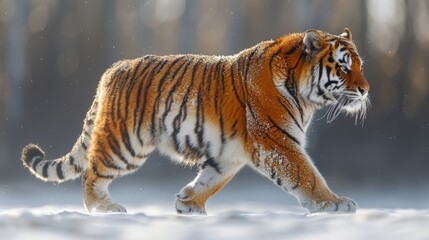 Obraz premium Majestic Tiger Walking Through Snowy Landscape During Winter Morning Light