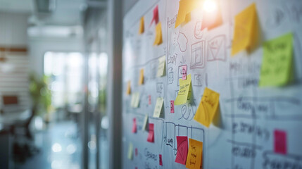 a team brainstorming session with sticky notes and diagrams on a whiteboard