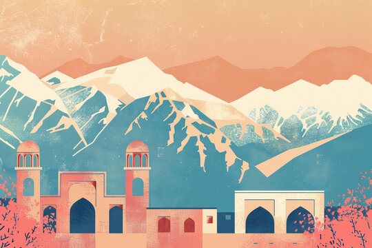 Risograph retro riso print travel poster, card, wallpaper or banner illustration, modern, isolated, clear, simple of Sanandaj, Iran