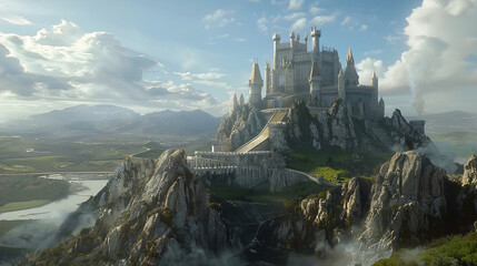 a towering mountain fortress overlooking a fantasy kingdom