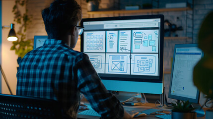 UX designer working on a wireframe on a large monitor