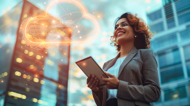 Beautiful smiling business woman in a suit holding a tablet with a digital cloud in the air on business center background. Digital cloud service, app, network, security, database, interface, support