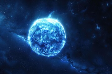 Obraz premium A bright blue star at the center of a galaxy, surrounded by swirling gas and stars