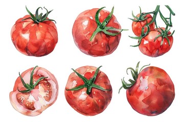 Fototapeta premium Rustic Tomato Collection. Handmade Watercolor Illustration of Fresh Tomatoes for Healthy Cooking