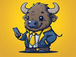 Obraz premium Cute Cartoon Buffalo Character in Business Attire Holding a Smartphone Against a Bright Yellow Background