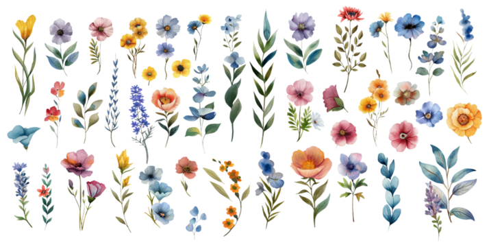 A vibrant collection of watercolor flowers in various shades of blue, pink, yellow, and orange. The flowers are arranged in a simple, elegant fashion, creating a beautiful and delicate image.
