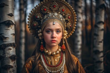 A beautiful girl in a traditional Russian national costume. Against the background of a birch grove. The portrait symbolizes the traditions and beauty of the Russian people.