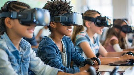 students using tablets and VR headsets in a smart classroom
