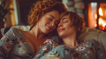 LGBT Lesbian couple love moments happiness. Young bisexual women hugging on couch at home. Romantic evening. Lesbian family