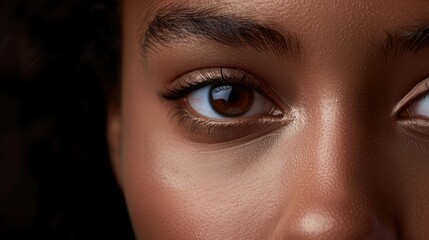 Close-up of a beautiful woman's eyes, highlighting her natural beauty. Blank space on the left for text or logos.