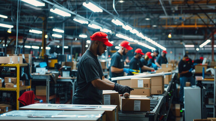 Fototapeta premium industrial workers assembling products on a factory line