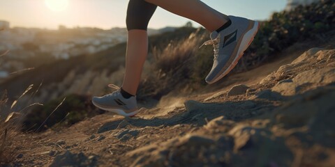 A close-up photo of the shoes of a runner who is running on a mountain trail, with a outdoor landscape visible in the background. Jogging and fitness concept.