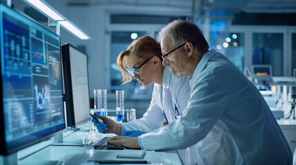 researchers discussing data on a computer screen