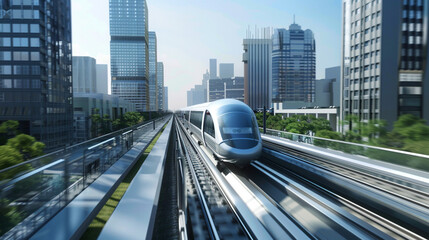 a high-speed maglev train traveling through a modern city