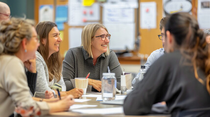 of teachers collaborating in a faculty meeting