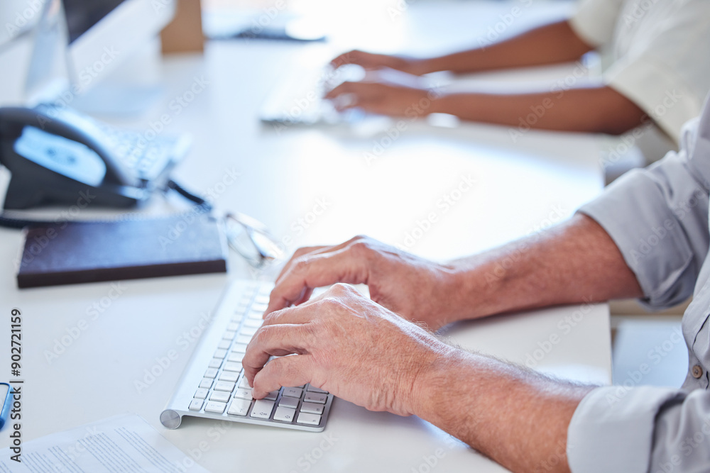 Poster Call center, typing and hands of people in office with networking, lead generation and research. Computer, keyboard and consultant at help desk writing email for tech support in coworking space