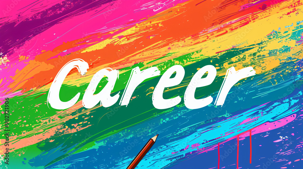 Aufkleber vibrant paint brushstrokes creating a backdrop with the word career in white and a pencil at the bot