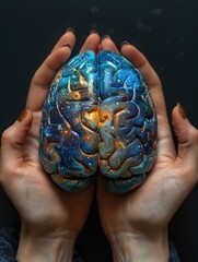 Hands holding a vibrant brain with cosmic details.