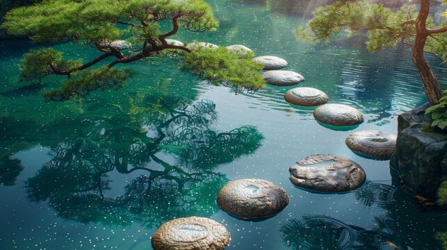 zen garden design, stepping stones in calm water lead to peaceful introspection and relaxation in a serene zen garden setting, offering a tranquil pathway
